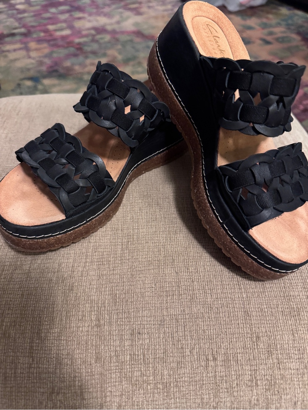 Clarks Black Woven Double-Strap Platform Slides